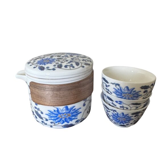 Lotus Flower Loose Leaf Teapot 3 Cups Strainer Lid Blue White Floral Meditation - Picture 13 of 16